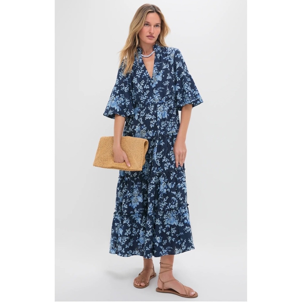 Tuckernuck Twilight Garden Jenna Dress Blue Floral Tiered Maxi V-Neck 2X